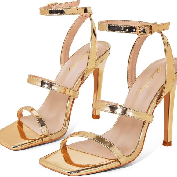 Women High Heeled Sandals Synthetic Square Toe Strappy Stiletto Pump - Picture 1 of 8